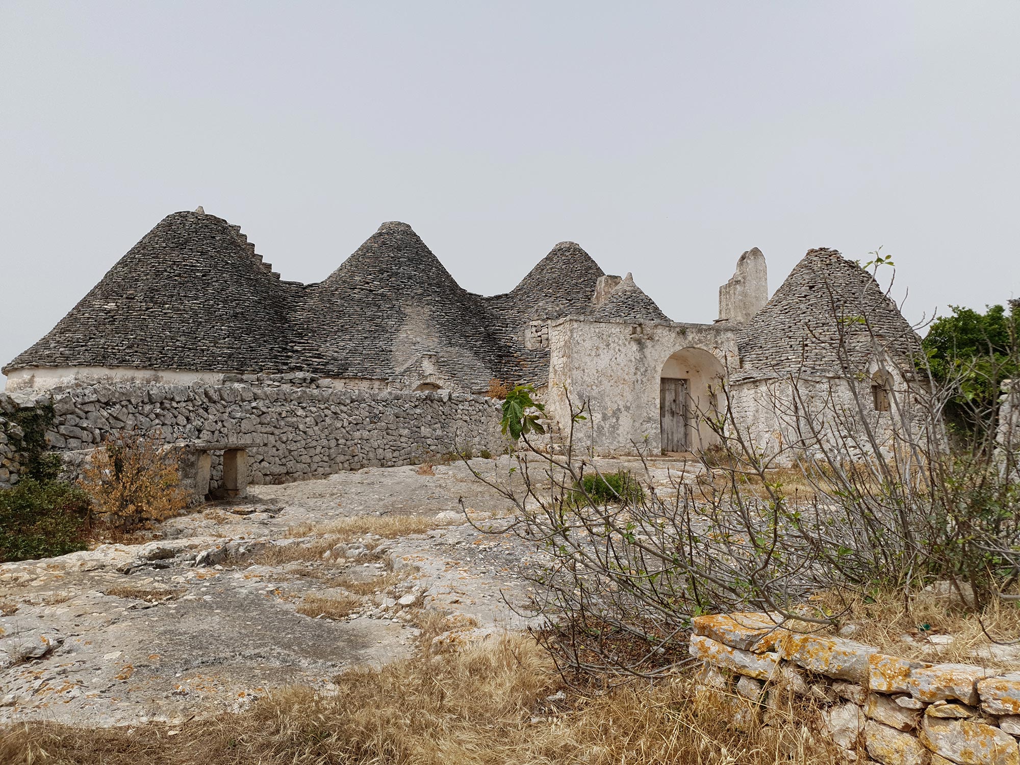 Masseria Satia Piccola in c.da Pascarosa, Ostuni conosciuta come Trullo Sovrano - Prospetto Est - ingressi al trullo con due ampi cortili divisi da un muro contenente mangiatoie © proloco.ostuni